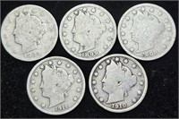 Lot of 5 Liberty V Nickels - 1889-1911