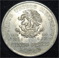 1953 MEXICO 5 PESOS - 72% Silver High Grade