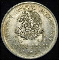 1952 MEXICO 5 PESOS - 72% Silver High Grade