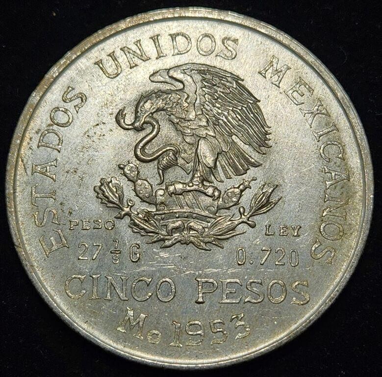 1953 MEXICO 5 PESOS - 72% Silver High Grade