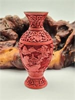 Small Vintage Chinese Cinnabar Over Brass Vase