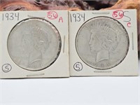 Two 1934  Peace Silver Dollars S & P
