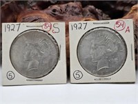 Two 1927  Peace Silver Dollars S & P