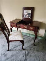 Vanity with lift mirror and brass gallery chair