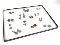 13 Rhinestone & Faux Gemstone Earrings w/ Case