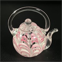 Art Glass Teapot Paperweight - Pink White Ribbons