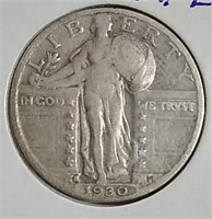 1930 US 90% Silver Walking Liberty Quarter F-12