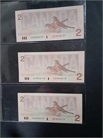 Three 1986 Canada Unc Consec $2 Banknotes
