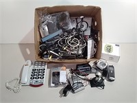 Large Box Of Electronics- Phones, Chargers, DVD