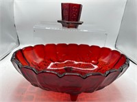 Red glass fruit bowl &candke holder