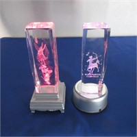 2 Crystal 3D Laser Paperweights /w Light Up Stands