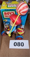 VTG. WIND UP BOY ON TRICYCLE TIN TOY W/ BOX