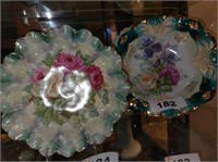 2 RUFFLED EDGE FLORAL PAINTED BOWLS PLATES