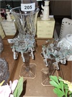 PAIR OF GLASS PRISMS CANDLE HOLDERS & TALL VOTIVE