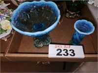 2 X'S BID BLUE OPALESCENT FOOTED COMPOTE &
