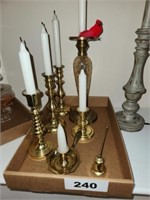 BRASS LOOK CANDLE HOLDERS & SNUFFER