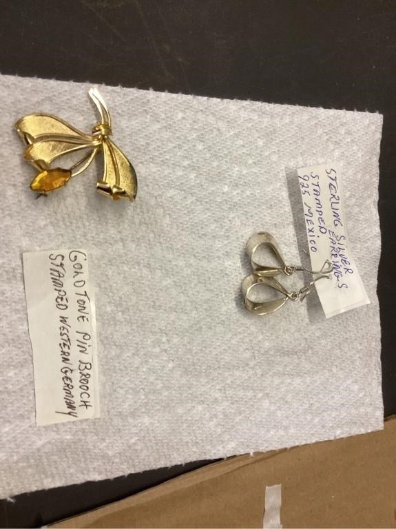 Sterling silver earrings and gold tone brooch