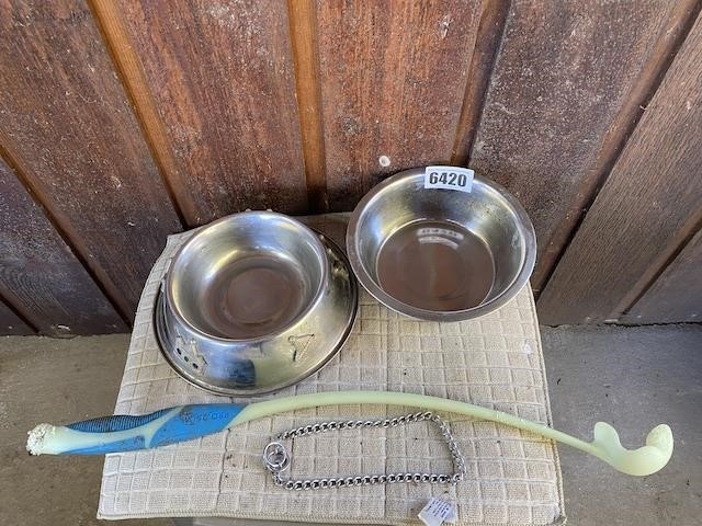 2 Stainless Steel Pet Dishes, Chain Collar &