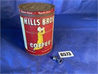 Vintage Hills Brothers Coffee Can w/Lid & Key