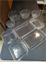 Collection of glass baking dishes and mixing bowls