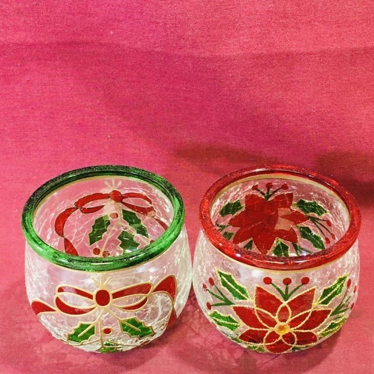Pair Of Crackle Glass Christmas Candle Holders