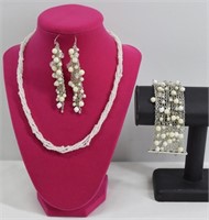 3pc Faux Pearl Necklace, Earrings, Bracelet