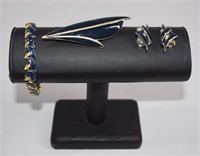 3pc Blue Enamel Bracelet, Brooch, Clip On Earrings