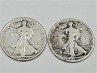 2 Silver Walking Liberty Half Dollar Coins 1921 D