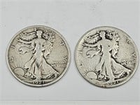 2 Silver Walking Liberty Half Dollar Coins 1921