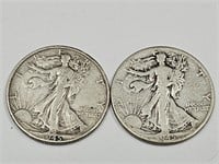2- 1945 D Silver Walking Liberty Half Dollar Coins