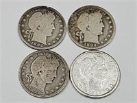 4 Barber Quarters 1892 Silver Coins