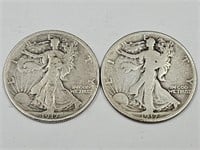 2- 1917 S Silver Walking Liberty Haf Dollar Coins