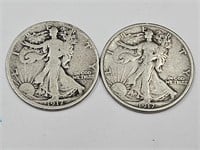 2- 1917 Silver Walking Liberty Half Dollar Coins