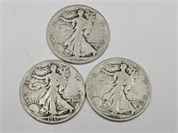 3- 1917 Silver Walking Liberty Half Dollar Coins