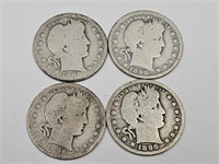 4 Silver Barber Quarters 1896 O Coins