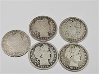 5 Silver Barber 1896 Quarter Coins