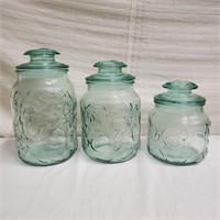 3 Green Glass Canisters