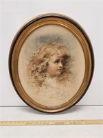 Old Print of Girl In Oval Frame- 24" Tall
