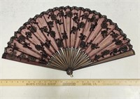 Large Antique Hand Held Fan- Sheer w Black