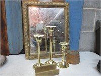 Mirror (damaged Frame), Brass Candlesticks Lot