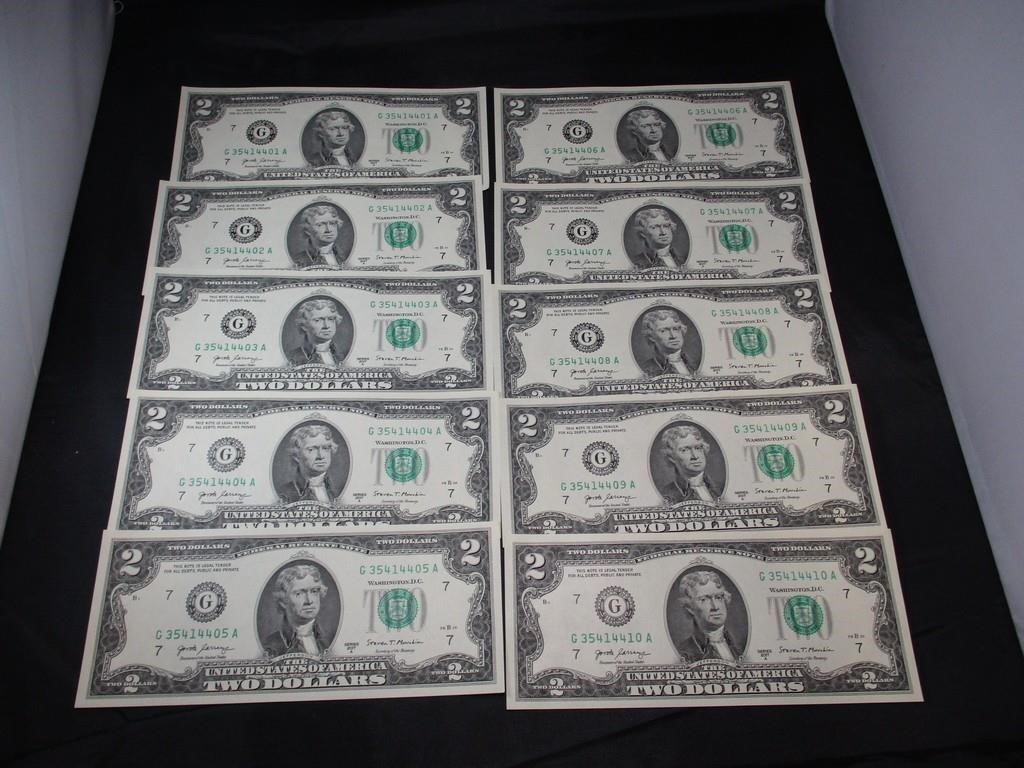 10 Sequential Serial Number $2 Bills