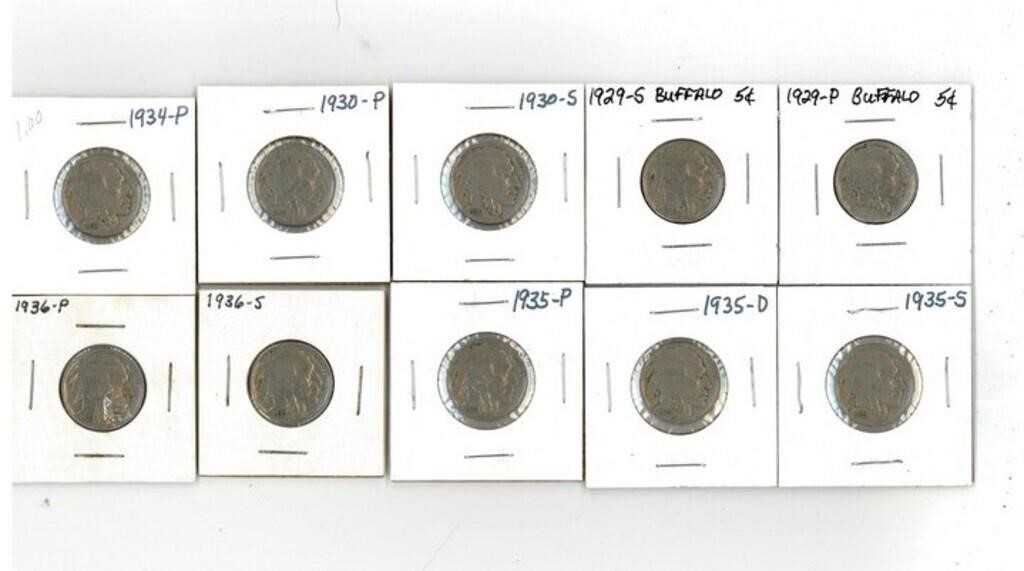 Ten 1929-1936 Indian Head / Buffalo Nickels