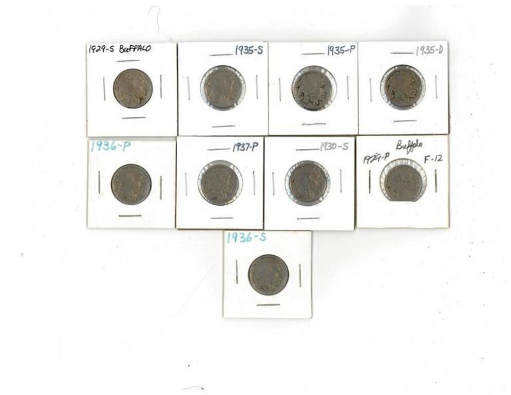 Nine 1929-1937 Indian Head / Buffalo Nickels