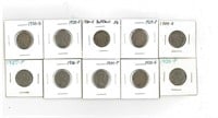 Ten 1929-1937 Indian Head / Buffalo Nickels
