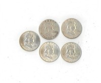 1949, 54, 57, 59, & 63 Franklin Half Dollars