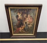 Old Framed Print of Woman w Children and Grape