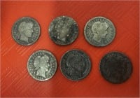 (6) Barber Silver Dimes Ranging from 1900 to 1909
