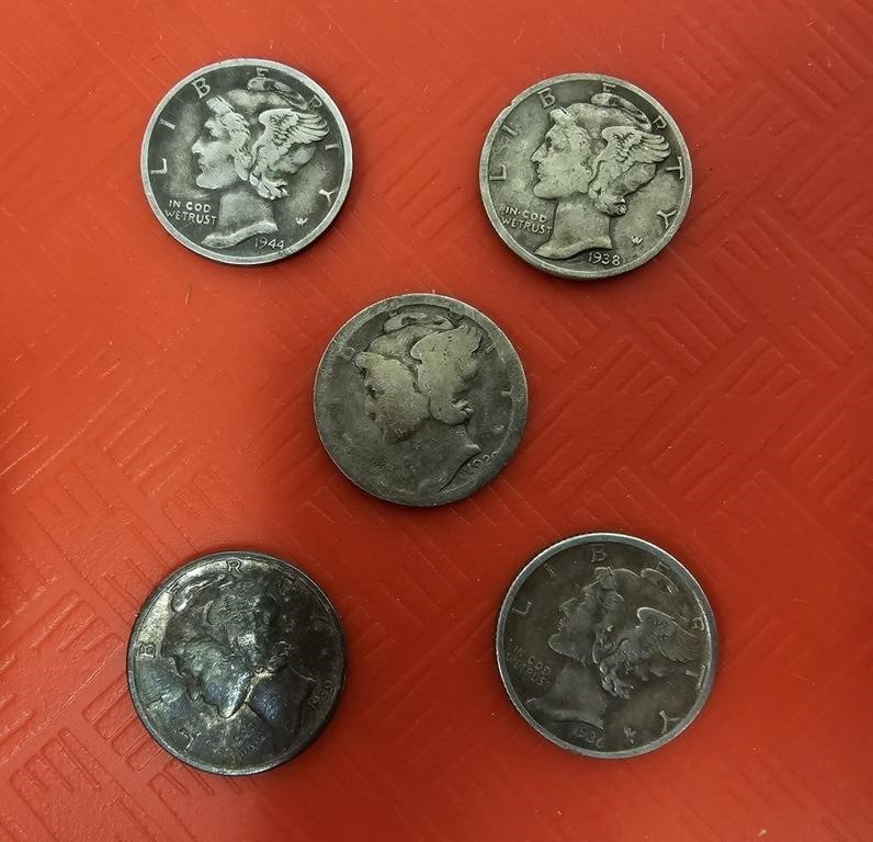 (5) Mercury Dimes ranging from 1920's to 1944 -