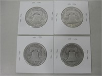 Four 1950s Franklin Half Dollars 90% Silver