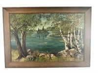 Vintage Landscape Oil Painting Lake & Trees Signed